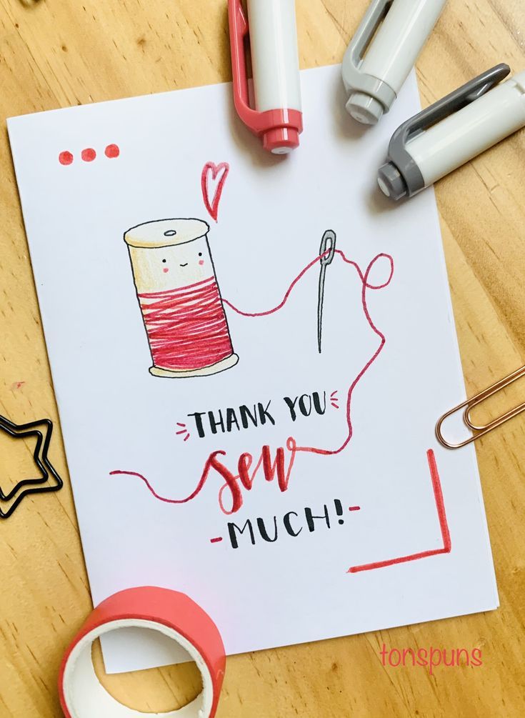 a thank you sew much card with scissors, thread and spools on the table