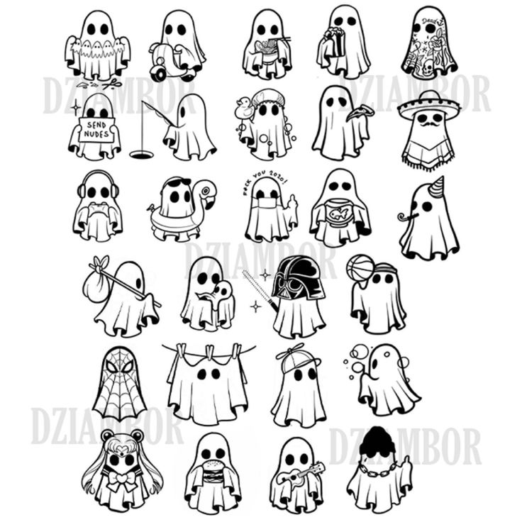 a collection of halloween ghost characters in black and white, each with different costumes on them