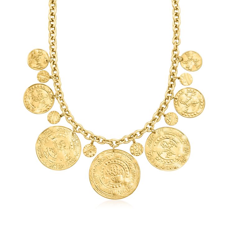 Ross-Simons - Italian 18kt Yellow Gold Over Ancient Arabic-Inspired Replica Coin Necklace. 20". Inspired by ancient Arabic coins, this statement necklace offers an unmissable sense of sophistication and style that is unique to itself. The graduated coins suspend from a chic cable chain, with smaller discs filling the space in between. Crafted in Italy of 18kt yellow gold over sterling silver with hammered and polished finishes for enhanced radiance. Graduates from 7/8" to 1 5/8" wide. Toggle cla Coin Necklace Gold Indian, Arabian Jewelry, Arab Jewelry, Gold Coin Jewelry, Coin Jewellery, Ancient Jewels, Outfit References, Golden Coin, Bridal Necklace Set