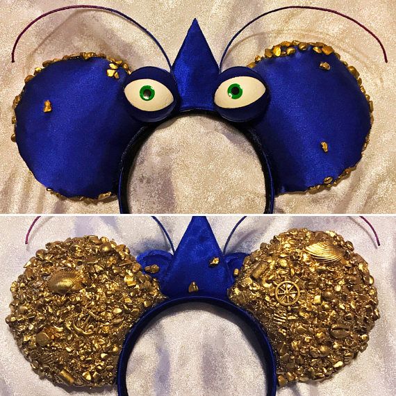 two pictures of mickey mouse ears with gold and blue glitters on them, one in the shape of a face