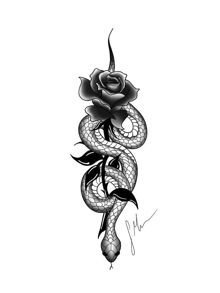 a snake with a rose tattoo design on it's back and side, in black ink