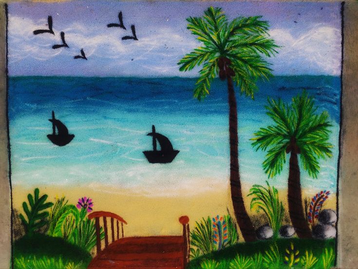 a painting of a beach scene with birds flying over the water