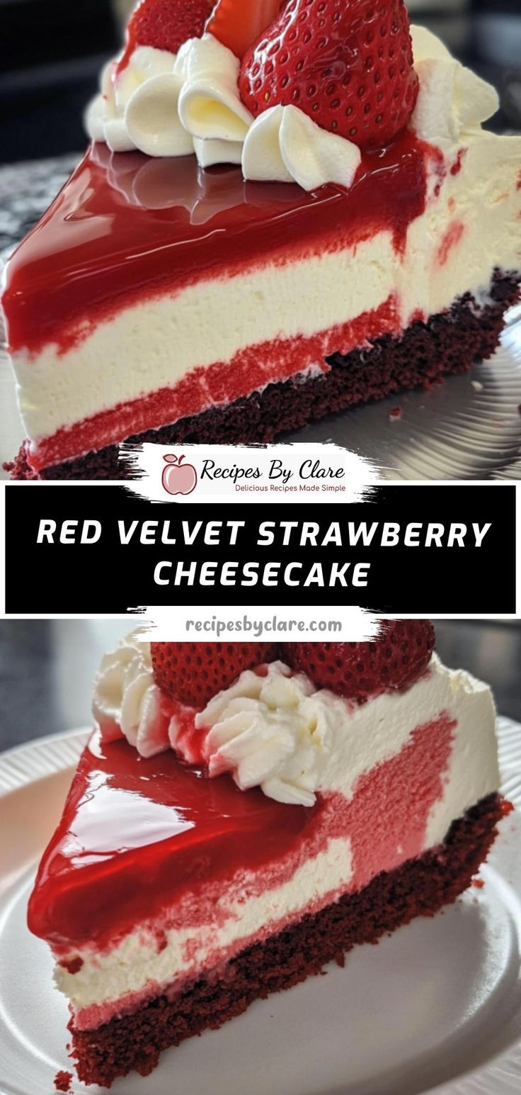 a slice of red velvet strawberry cheesecake on a plate