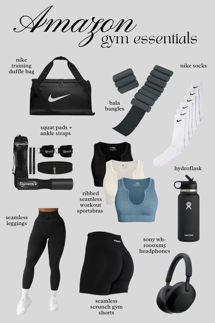 hydro flask, Sony headphones, Bala bangles Gym Neccesities, Gym Outfit Essentials, Work Out Gym Fits, Amazon Running Essentials, Gym Essentials Woman Aesthetic, Gym Girlies Outfit, Beginner Gym Bag Essentials, Workout Things To Buy, Gym Christmas List