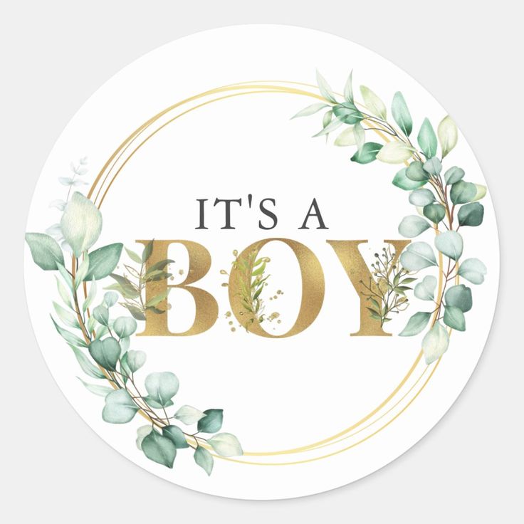 it's a boy sticker with greenery and gold lettering on the bottom