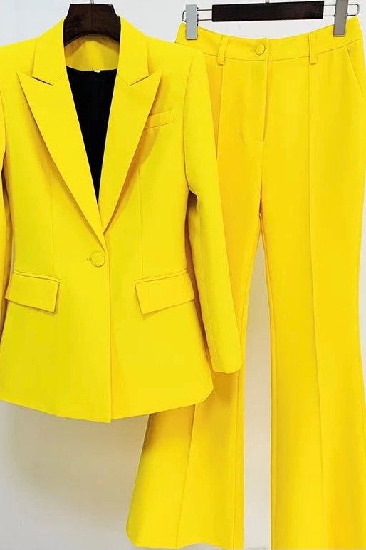 Colorful career wear Blazer Pants Set, Luxury Blazer, Yellow Suit, Costume Intero, Bootcut Pants, Tailored Blazer, Draped Fabric, Winter Coats Jackets, Notched Collar