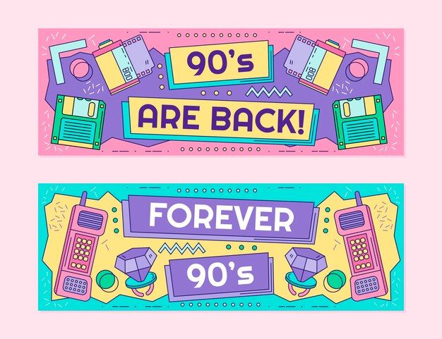 two colorful banners with the words 90's are back and forever 90's