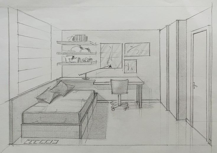 a drawing of a living room with a couch and desk