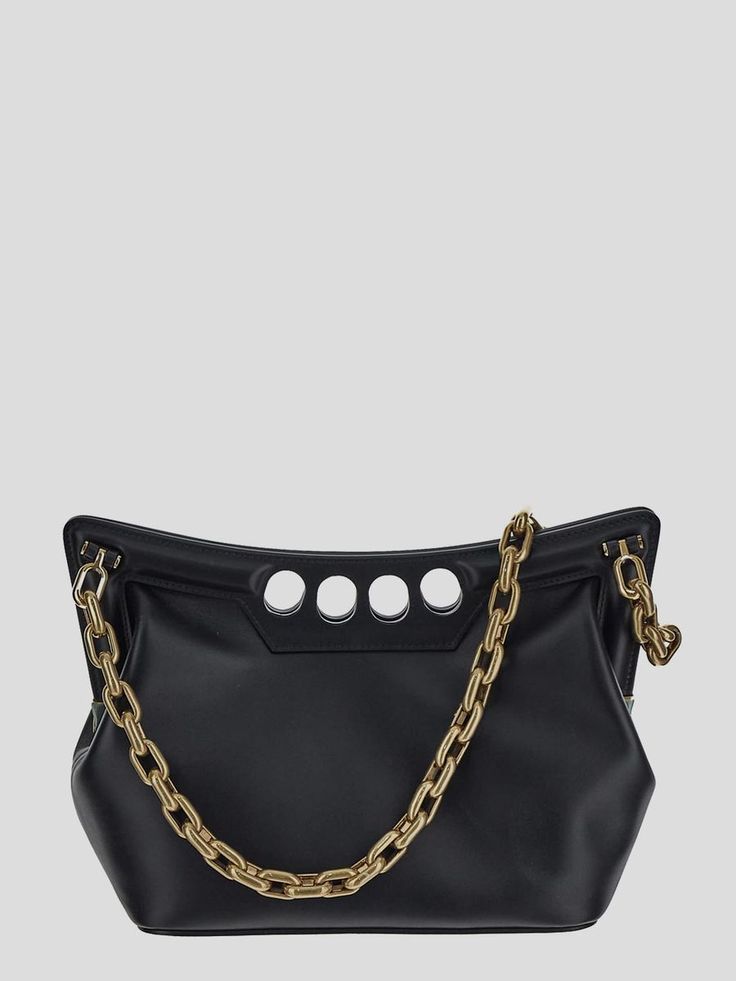 Alexander McQueen small bag in black leather with curve-shaped magnetic frame, embossed gold logo on the front, top four ring handle, antique gold finish metal chain shoulder strap, a main compartment, flap snap pouch and antique gold-toned metal hardware.Gender: WOMENMaterial: 100% LEATHERColor: BlackMade in: ITProduct ID: 7430911BLGN1000*Import tax/duty will be calculated at checkout (If applicable) Gold Shoulder Bag With Metal Logo, Gold Shoulder Bag With Metal Logo For Everyday Use, Gold Shoulder Bag With Metal Hardware And Round Handle, Gold Shoulder Bag With Round Handle And Metal Hardware, Gold Shoulder Bag With Metal Logo For Evening, Gold Evening Shoulder Bag With Metal Logo, Chic Shoulder Bag With Metal Logo For Evening, Evening Shoulder Bag With Brass Hardware And Double Handle, Chic Party Shoulder Bag With Metal Logo