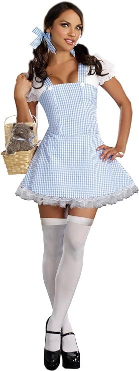 a woman dressed in a blue gingham dress holding a basket and posing for the camera