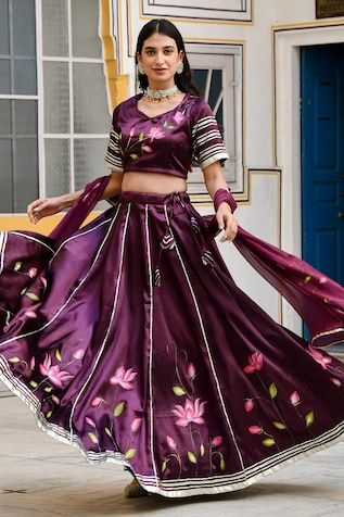 Purple lehenga with all over lotus bloom prints, elevated with gota patti embroidery. Paired with a coordinating blouse with gota patti panels on sleeves and dupatta. - Aza Fashions Silk Choli With Digital Print, Silk Lehenga With Digital Print For Reception, Digital Print Lehenga For Reception And Navratri, Navratri Reception Lehenga With Digital Print, Silk Digital Print Sharara For Navratri, Silk Sharara With Digital Print For Navratri, Anarkali Lehenga With Digital Print For Reception, Fitted Sharara With Digital Print For Navratri, Festive Silk Choli With Digital Print