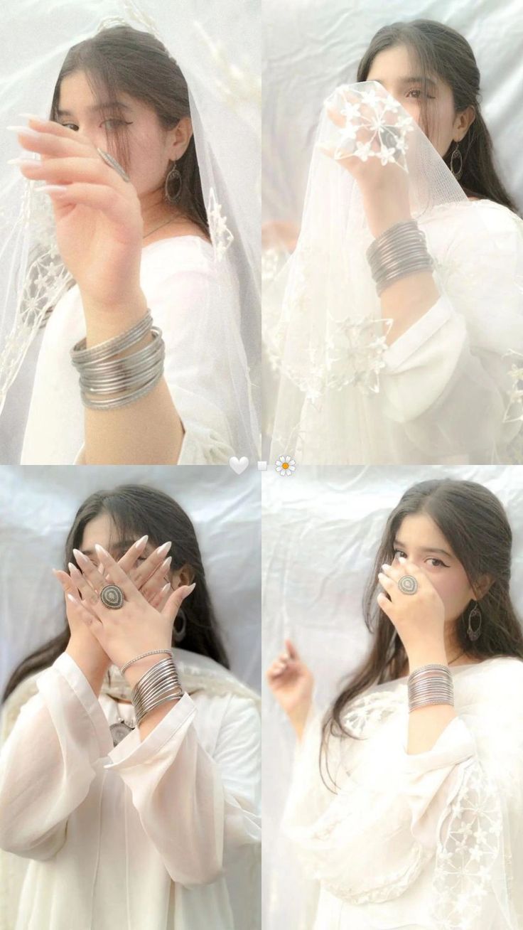 four different pictures of a woman in white dress holding her hands up to her face