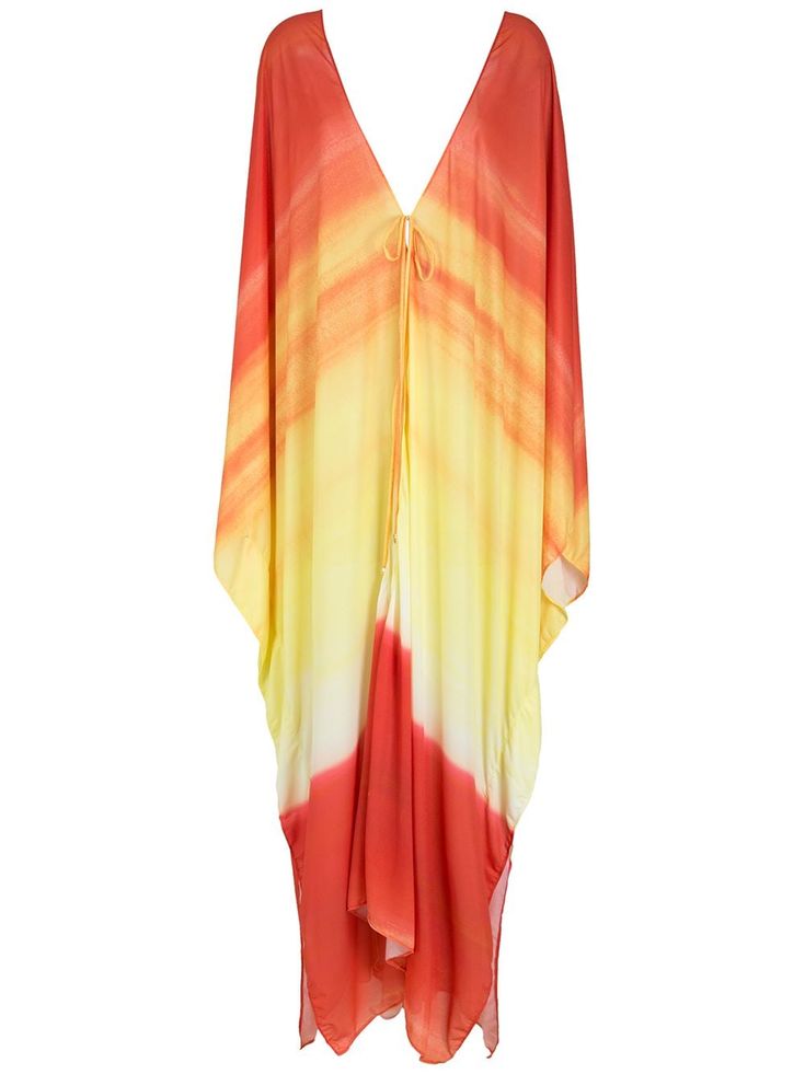 Orange/yellow printed beach dress from AMIR SLAMA featuring V-neck, all-over print and loose fit. Printed Beach Dresses, Dress Orange, Yellow Print, Beach Dress, Resort Wear, Orange Yellow, Kimono Top, Wrap Dress, Bell Sleeve Top