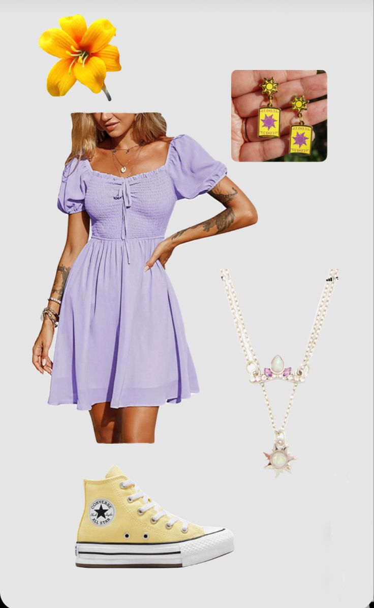 a woman in a purple dress and yellow converse sneakers with flowers on her head, necklaces