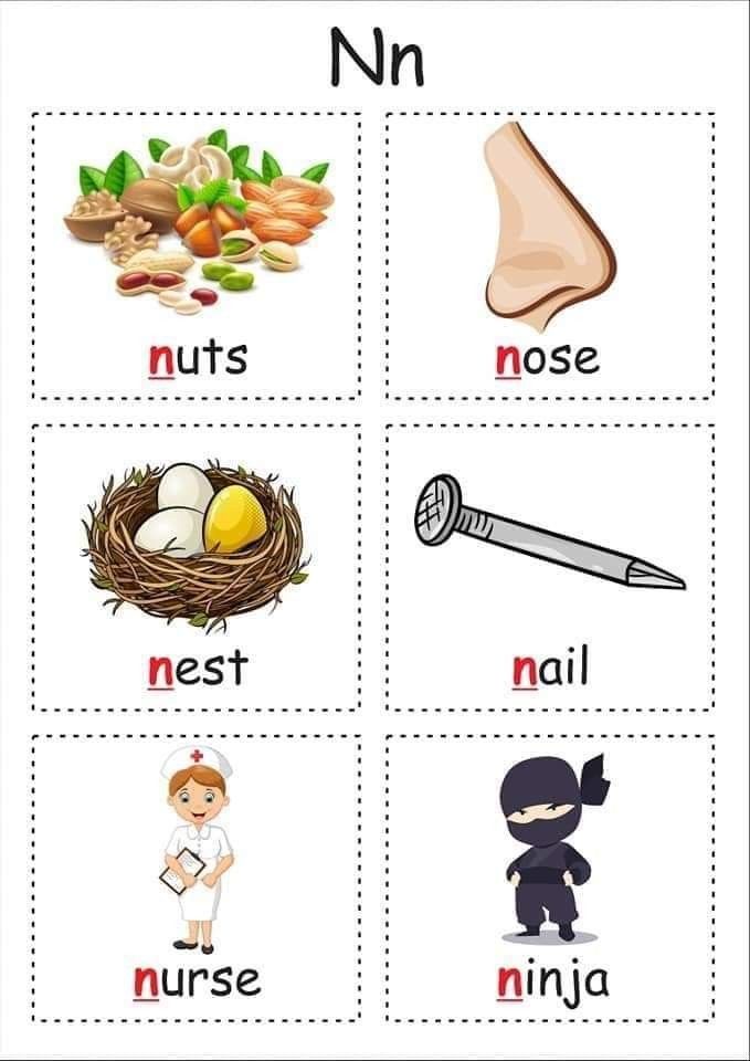 an english flash card with pictures of food and words in the form of letters nn