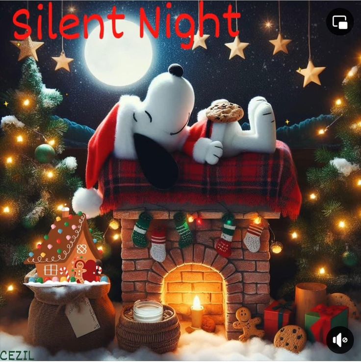 a snoopy christmas scene with the words silent night