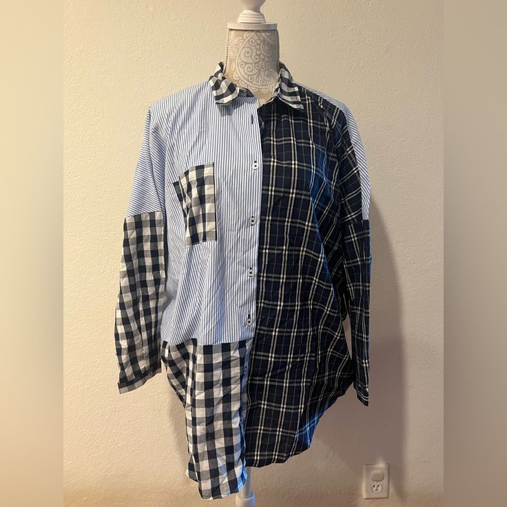 Brand New Never Worn Before Oversized Multi Shirt. Trendy Blue Patchwork Blouse, Casual Blue Blouse With Patchwork, Blue Casual Blouse With Patchwork, Oversized Blue Blouse For Day Out, Oversized Casual Patchwork Shirt, Trendy Blue Patchwork Shirt, Blue Patchwork Relaxed Fit Blouse, Blue Relaxed Fit Patchwork Blouse, Casual Oversized Patchwork Shirt