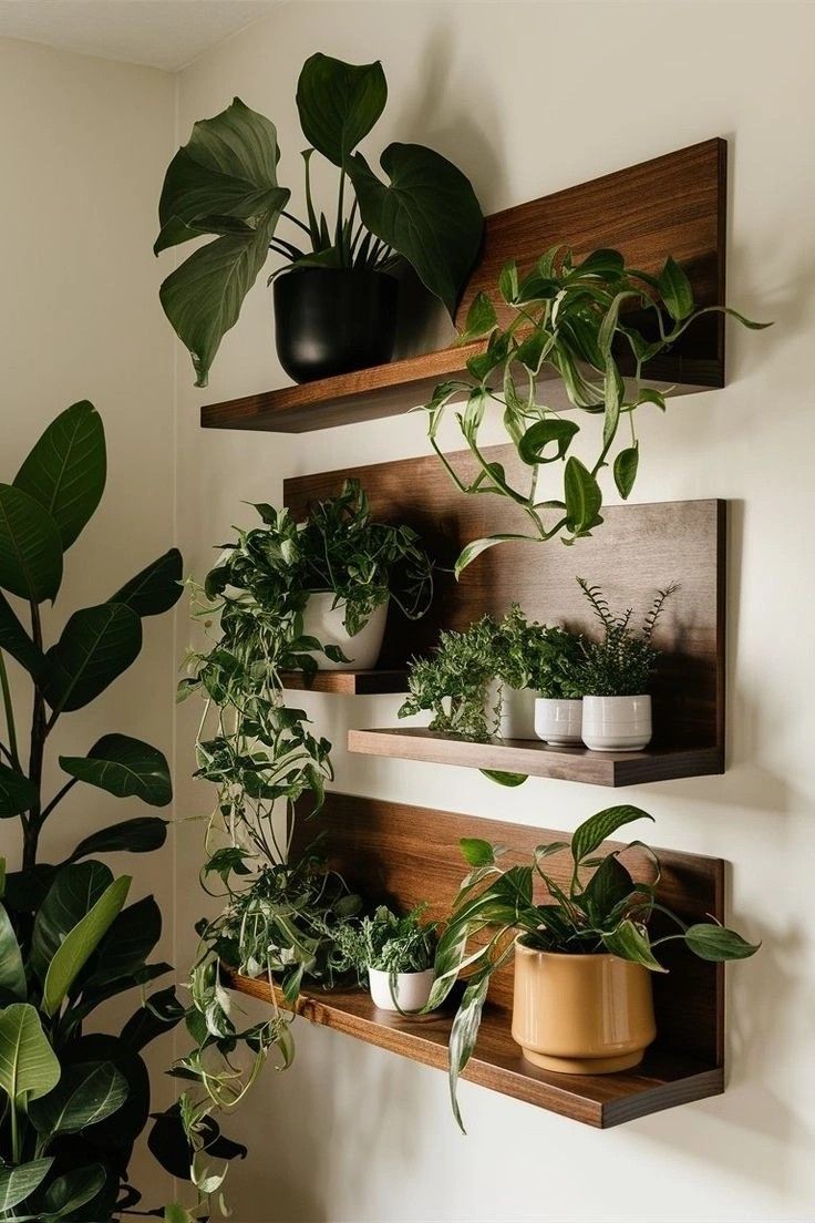 three wooden shelves holding plants and potted plants on top of them, along with other indoor plants