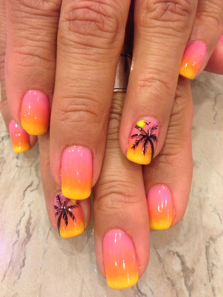 sunset gel nails Sunset Yellow Nails, Uv Gel Nails Designs Summer, Vacation Gel Manicure, Beach Sunset Nail Designs, Beach Ombre Nails Vacation, Neon Sunset Nails, Nail Designs Sunset, Sunset Nails Short, Vacation Dip Nails Tropical