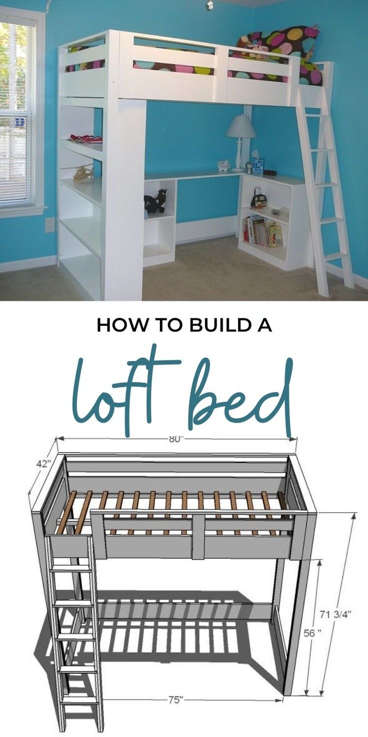 the loft bed is built into a small space with shelves and ladders for storage