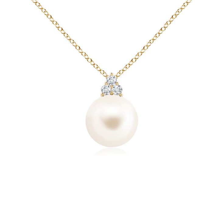 Topped with dazzling trio diamonds is a beautiful Freshwater cultured pearl. This elegant and classic pearl pendant is crafted in 14k yellow gold. Classic Akoya Pearl Diamond Necklace For Anniversary, Classic Gold Diamond Necklace With Pearl Pendant, Classic Pearl Necklace With Diamond And Pearl Charm, Classic Diamond Pearl Necklace With Pearl Charm, Classic White Pear Shaped Diamond Necklace, Classic White Pear-shaped Diamond Necklace, Classic White Diamond Pear-shaped Necklace, Yellow Gold Pearl Pendant Necklace With Diamonds, Classic Diamond Necklace With Pearl Pendant