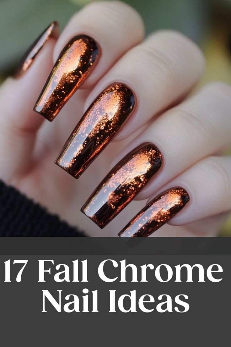 Explore the latest in fall chrome nails designs to elevate your manicure game this season. Discover stunning fall chrome nail colors and get inspired with chic fall chrome nail ideas. Whether you prefer classic autumn hues or bold metallic finishes, these unique nail designs are perfect for adding a touch of glamour to your fall look. From subtle shimmer to eye-catching metallic effects, these fall chrome nails are sure to make a statement. Try out different designs and find the perfect style to Fall Shiny Nails, Black Nails With Orange Chrome, Copper Flake Nails, October Inspired Nails, October Nails Coffin Shape, Tigers Eye Nails Design, Copper Gold Nails, Red Nails Fall Design, Chrome Nail Ideas Fall