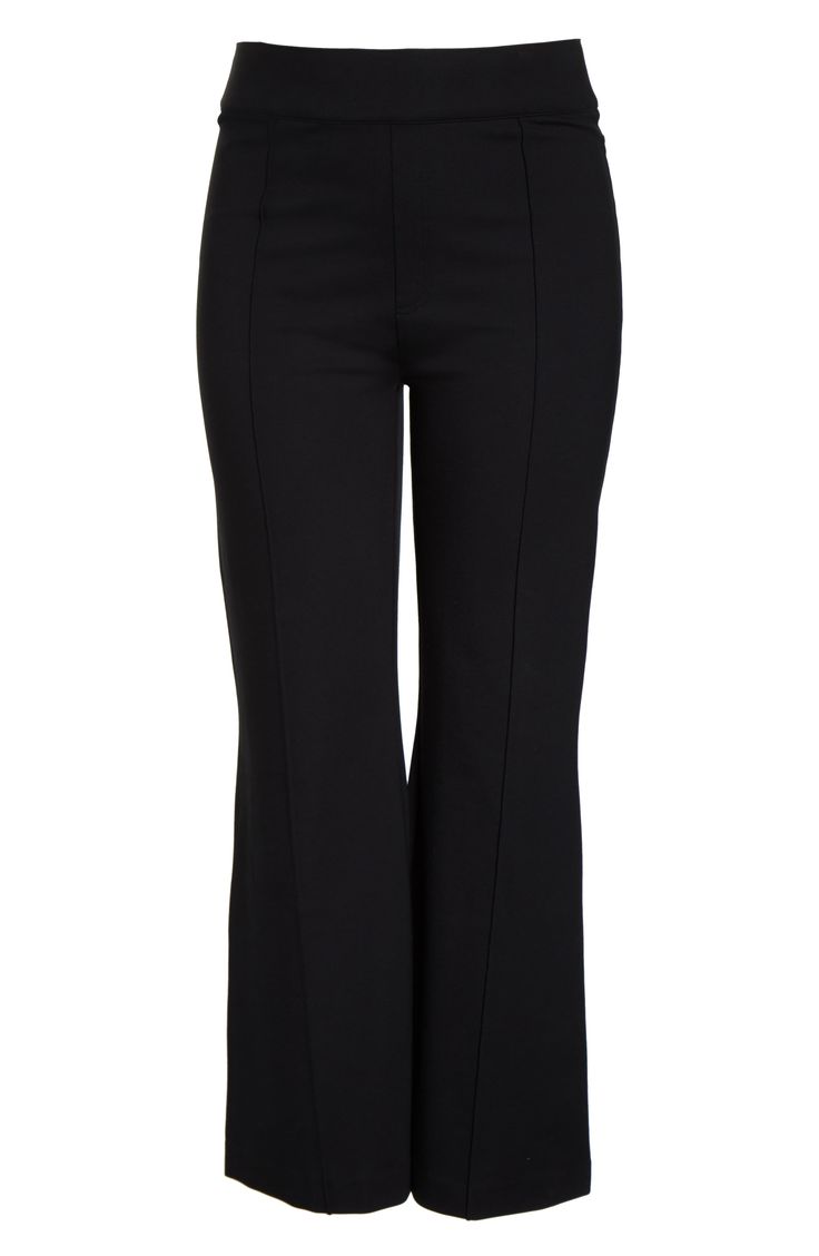 Comfy sophistication defines these high-waisted pants, made from supple ponte with leg-elongating pintucks and perfectly flared cuffs. Style Name:Spanx Flare Ponte Pants (Regular & Plus Size). Style Number: 5890631. Tailored Flare Black Pants, Tailored Black Flare Pants, Black Tailored Flare Pants, Black Flare Bottoms For Business Casual, Black Flare Wide Leg Pants For Business Casual, Chic Black Bottoms With Seam Detailing, Sleek Flare Bottoms In Elastane, Chic Mid-rise Pants With Seam Detailing, Chic Fitted Bottoms With Seam Detailing