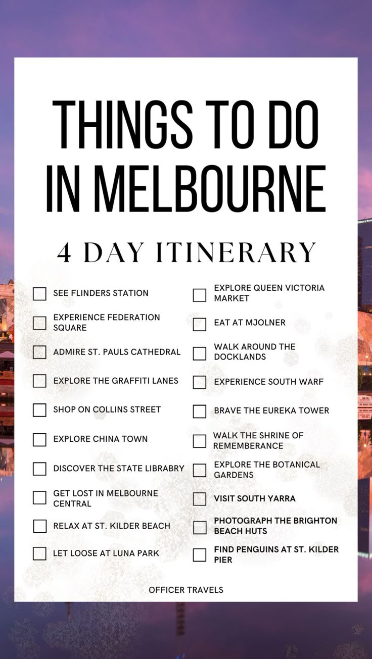 a sign with the words things to do in melbourne and 4 day itinerary