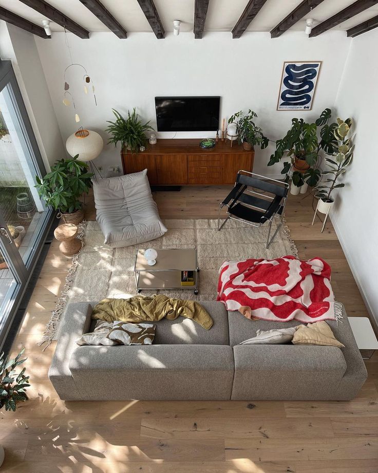 an overhead view of a living room with furniture