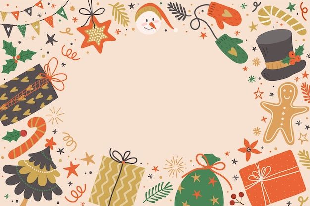 an image of christmas decorations and gifts in the shape of a circle on a beige background