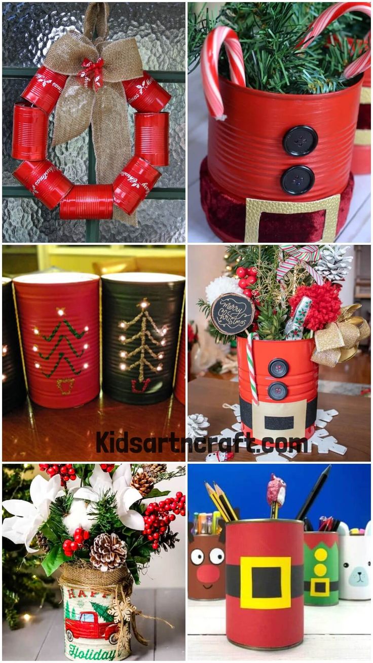 christmas decorations made out of tin cans and other items are featured in this collage