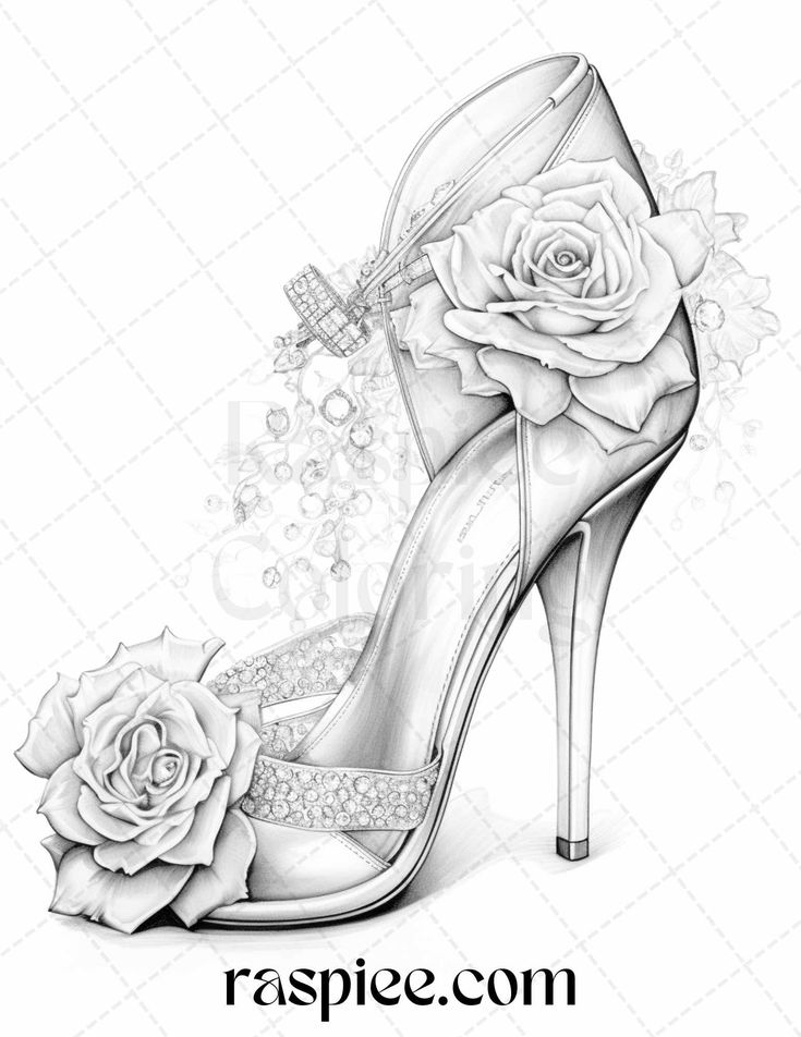 a drawing of a high heeled shoe with roses on it