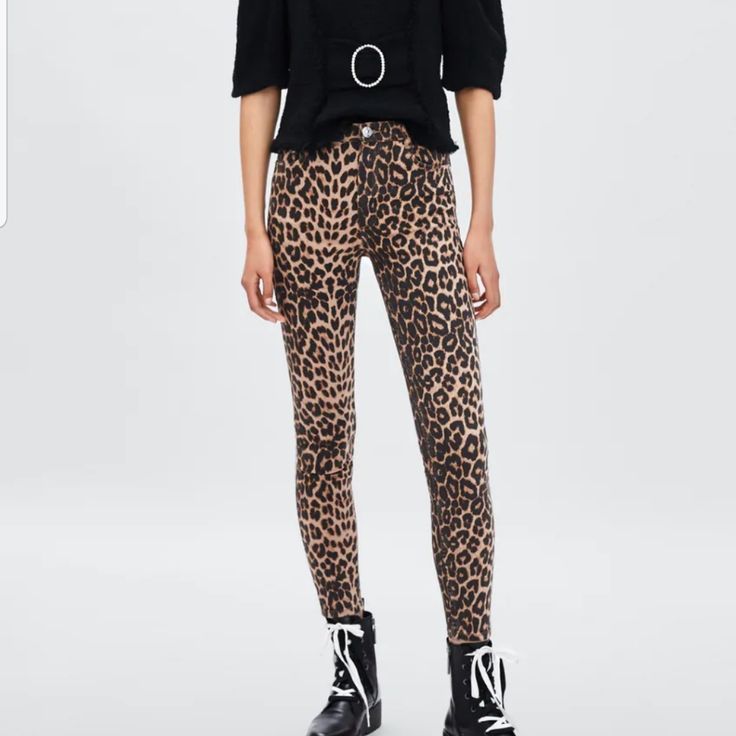 Nwt Zara Trafaluc Denim Collection High-Rise Skinny Ankle Lenght Leopard Print Denim Jeans ||| Chic Brown Spring Jeans, Brown Stretch Jeans For Summer, Summer Stretch Brown Jeans, High Rise Leopard Print Bottoms For Fall, Leopard Print Jeans For Fall, Fitted Leopard Print Jeans For Fall, Casual Leopard Print Jeans For Fall, Trendy Leopard Print Bottoms For Fall, Trendy Stretch Brown Jeans