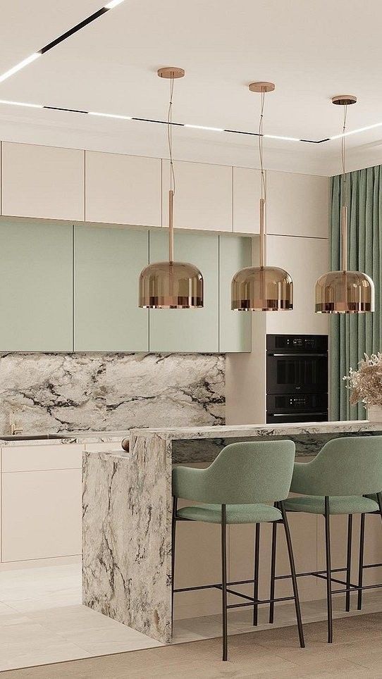 a modern kitchen with marble counter tops and green bar stools in front of an island