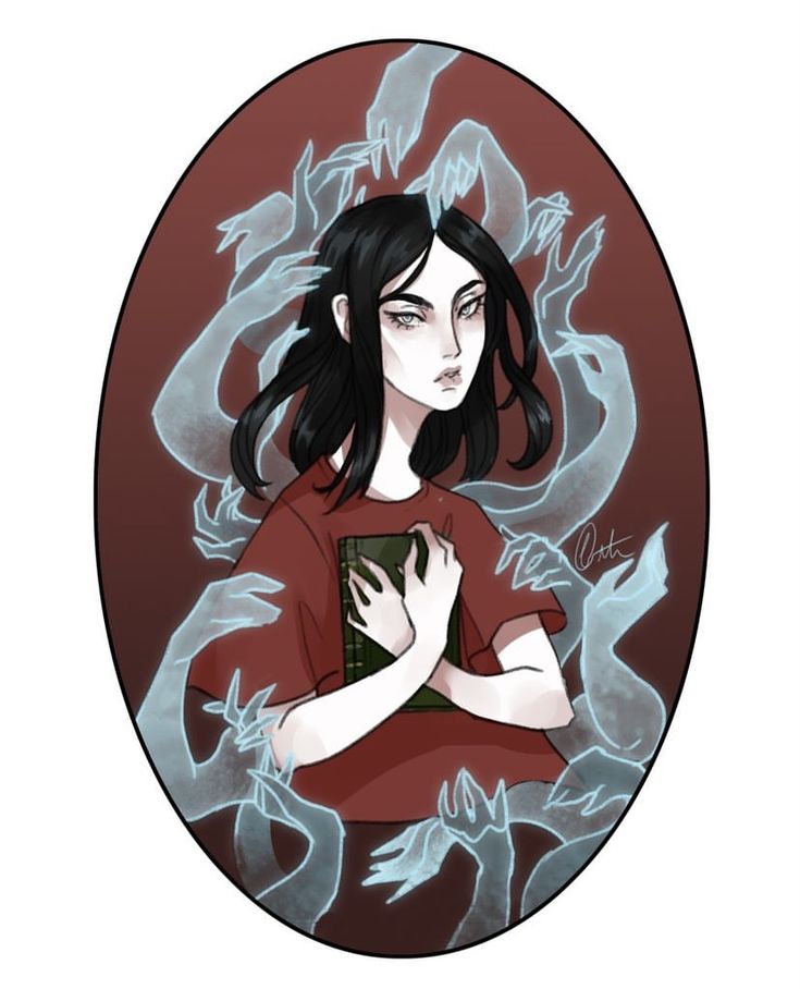 a drawing of a woman with black hair and red shirt holding a book in her hands