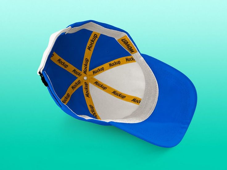 a blue and white baseball cap with yellow tape around the brimmed visor