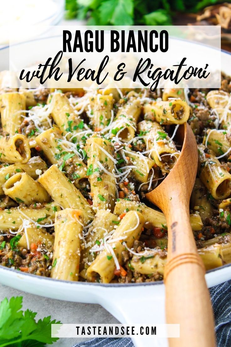 pasta with meat and ragu in a white bowl