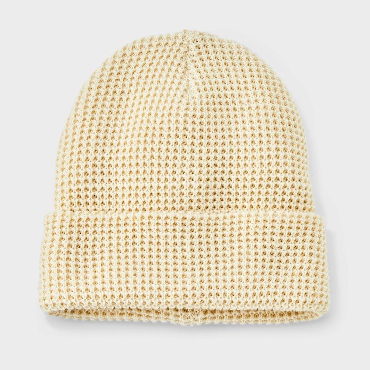 Add a stylish touch of cozy texture to your ensembles with this Recycled Polyester Waffle Knit Beanie from Goodfellow & Co™. Made from recycled polyester fabric with a double-layered knit construction, this waffle beanie provides a comfortable fit for all-day wear, and the pull-on style makes it easy to put on or take off. Goodfellow & Co™: Feel good in what you wear, anywhere. Cream Knit Hat For Fall, Beige Knit Beanie, Cream Soft Knit Beanie, Cozy Cream Beanie For Fall, Beige Knitted Beanie, Casual Beige Knit Beanie, Cream Knit Beanie One Size, Fur Trapper Hat, Straw Panama Hat