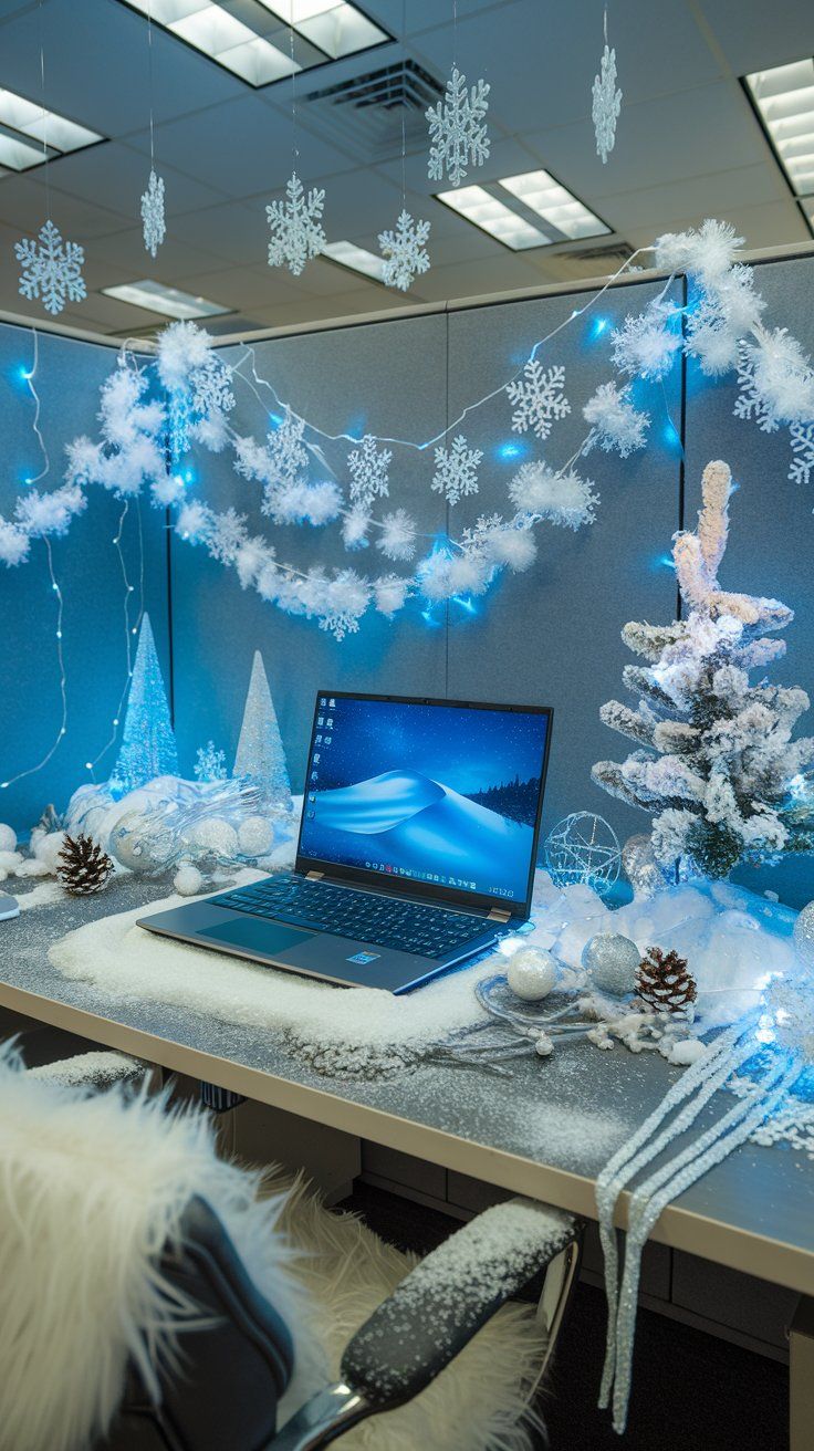 a laptop computer sitting on top of a desk covered in snowflakes and christmas decorations