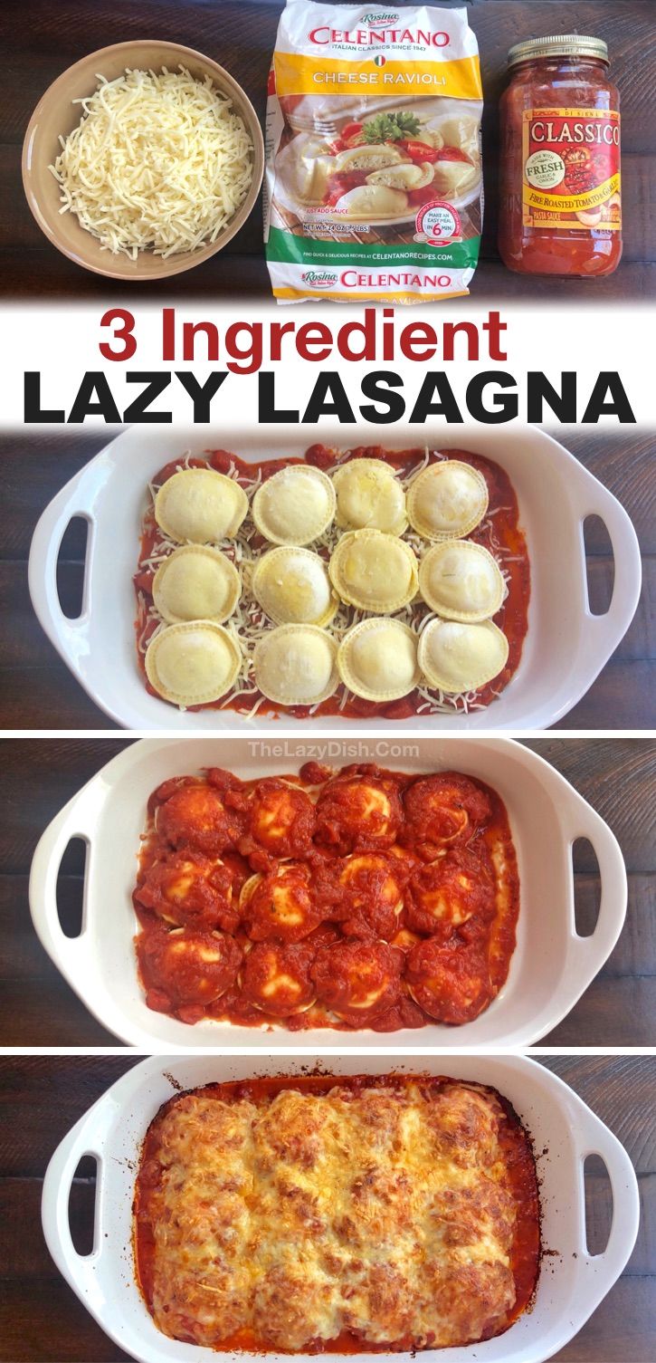 three different types of lasagna in white casserole dishes with text overlay