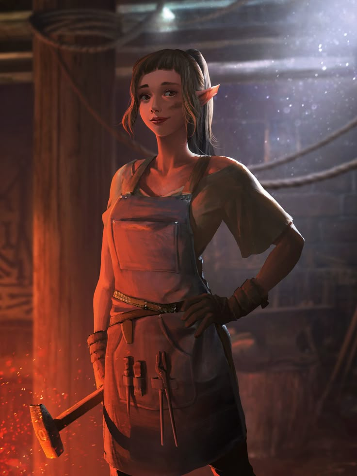 a woman standing in front of a fire holding a hammer and wearing an orange dress