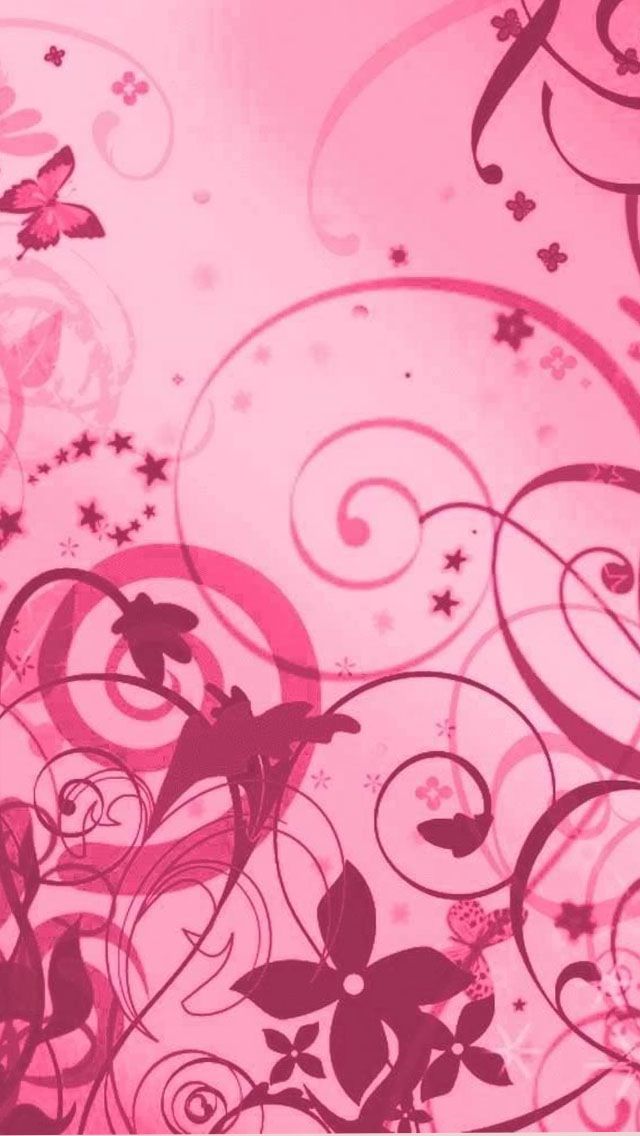 an abstract pink background with swirls and flowers on it's side, as well as butterflies