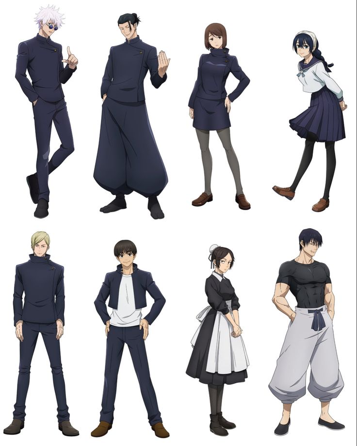 some anime characters are standing in different poses