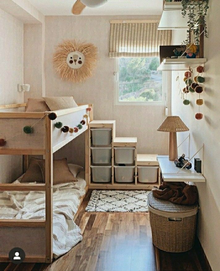 a bedroom with bunk beds and baskets on the floor