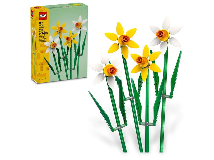 some yellow and white daffodils are in front of a box with green stems