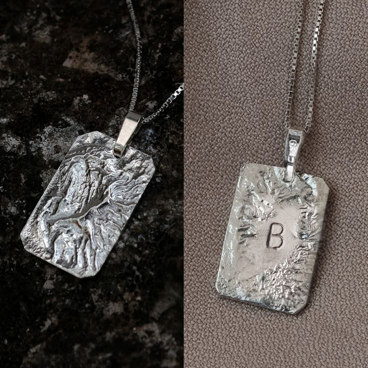 Size L Silver personalized necklace with initial, Custom necklace silver rectangle pendant, Personalized pendant necklace, Engraved gift for her Personalized charm necklace with a rectangular pendant. The pendant has a sculptural look - the making process results every time with a different pattern. The front of the pendant has a unique texture, and in the back an initial is engraved (the "initial side" can be flipped to the front later on as well, if that is what you prefer). This listing is fo Personalized Pendant Necklace, Personalized Charm Necklace, Name Necklaces, Rectangle Pendant, Personalized Pendant, Engraved Gifts, Custom Necklace, Personalized Necklace, Necklace Silver