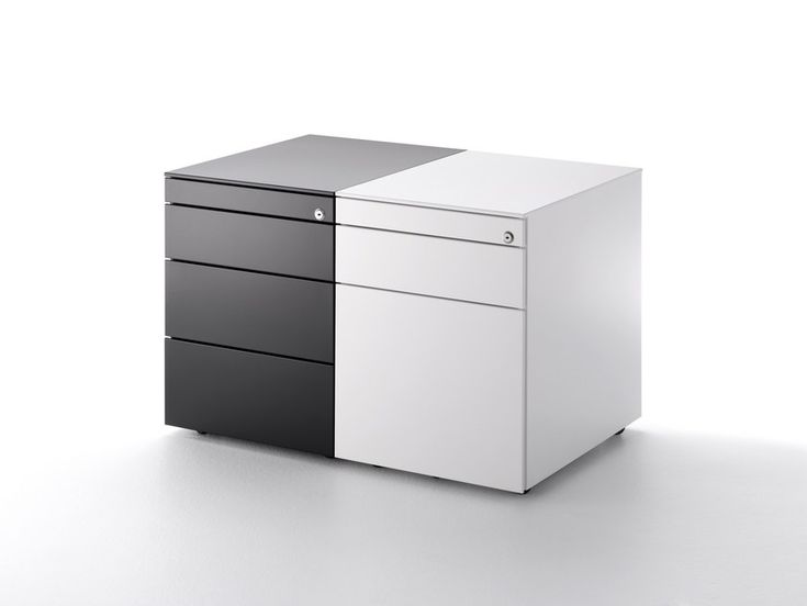 a white and black office desk with drawers