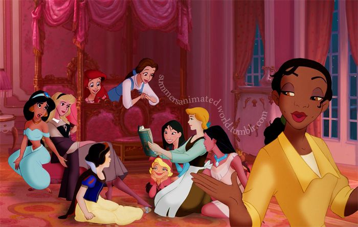 disney princesses are dancing together in the living room