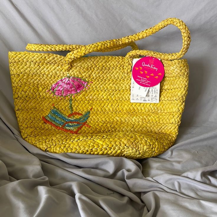 Beach Tote Bag Quacker Factory Color Yellow With A Chair And Umbrella Woven Material Two Pockets Inside Ties At Tip To Keep Sand Out Brand New With Tags Daily Use Beach Bag Satchel For Beach Season, Daily Use Beach Season Satchel Beach Bag, Daily Use Satchel Beach Bag, Daily Use Beach Season Satchel Bag, Beach Season Vacation Shoulder Bag With Removable Pouch, Summer Crochet Travel Bag With Removable Pouch, Summer Vacation Bags For Everyday Use, Summer Handheld Beach Bag For Travel, Summer Straw Bag With Removable Pouch For Travel