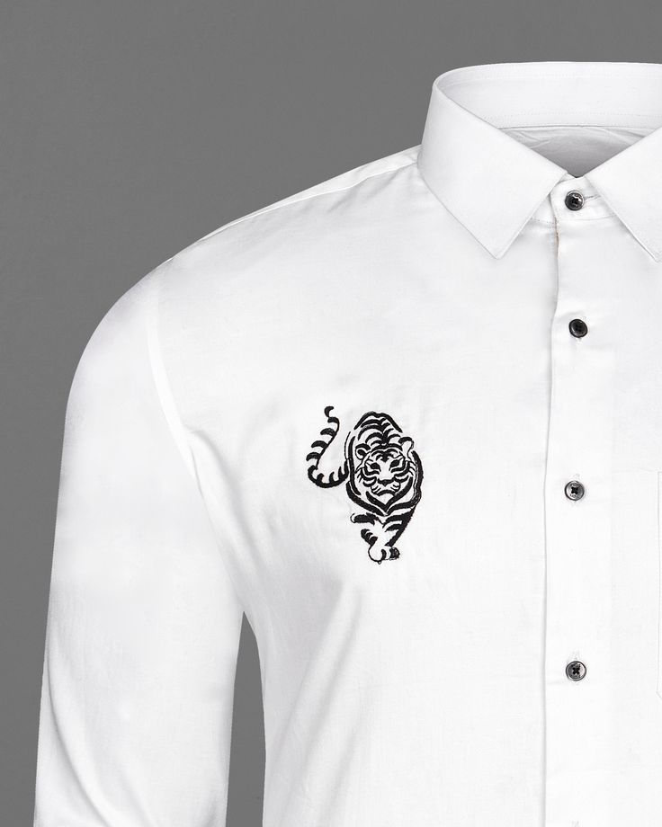 Give yourself a complete makeover as you put on this regular fit, evening-wear tiger embroidered shirt from French Crown. Made using slight sheen fabric blended with pure cotton for utmost comfort and durability, this white shirt features a spread collar, full sleeves, and button-through fastening. Style it with matching trousers and loafers for an impeccable look. Fused collar and cuffs, collar stand and flat felled side seams provide structure and stability to all our shirts. 100 % Premium Cot Formal Shirt Design, Embroidery Shirt Men, Embroidered Shirts, Embroidery Shirt, Embroidery Tshirt, Groom Wear, Shirt Embroidery, White Tiger, Formal Shirts For Men